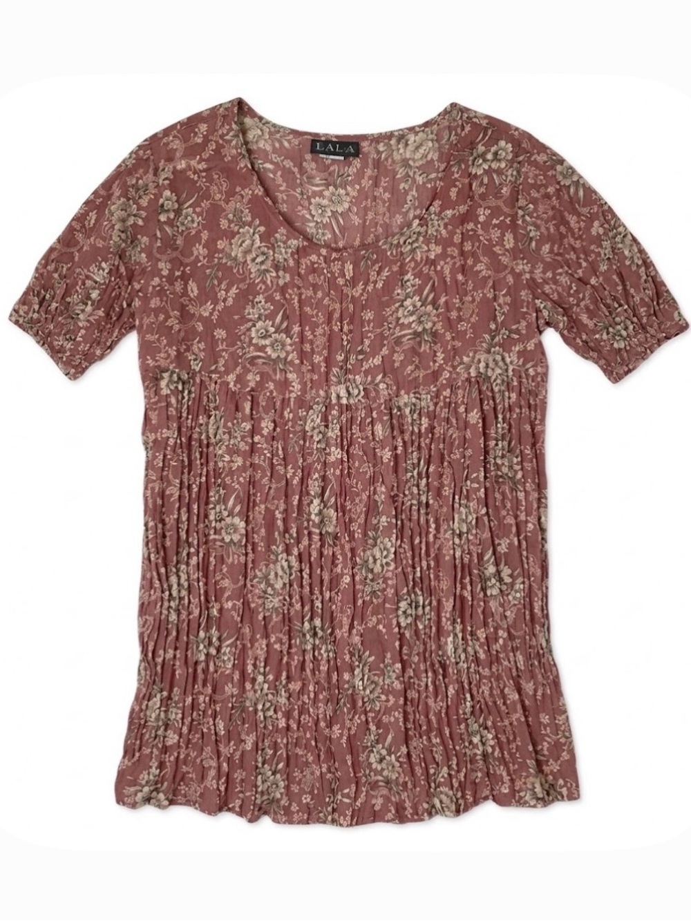 KALA Floral Accordian Top, Women’s L, Brick Red Mauve